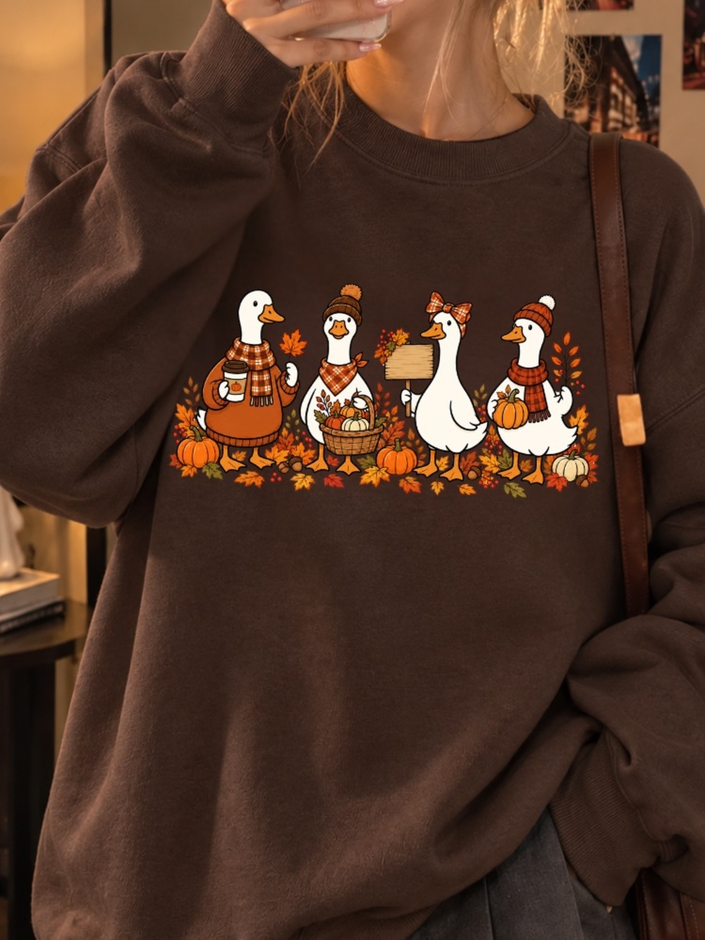 Cute Ducks Fall Pumpkin Autumn Leaves Vintage Brown Sweatshirt